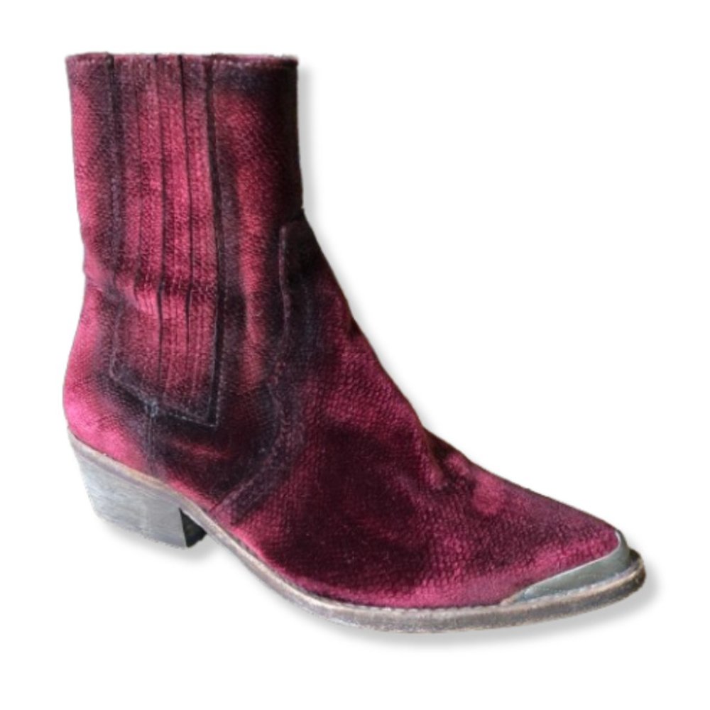 RARE Free People Barbary Velvet Snake Print Western Steel Tip Ankle Boots 37/7